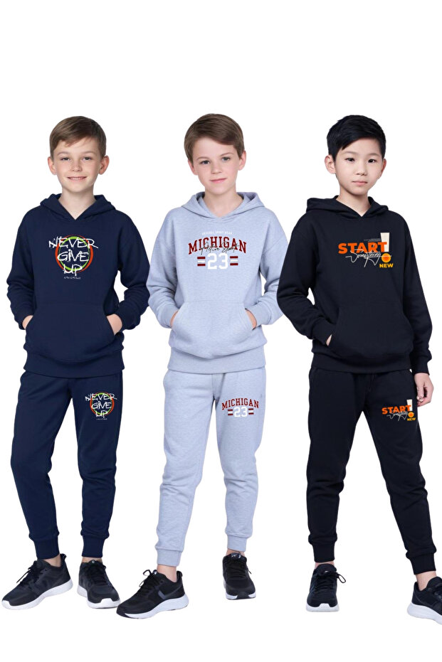 3-Piece Boy's Kangaroo Pocket Hooded Printed Tracksuit Set