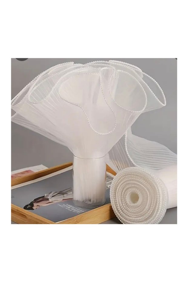 Ruffle Bridal Bouquet Wrap Tulle with Pearls Flower Tulle with Pearls Pleated Arrangement 60 cm (35 × 60cm)Ü