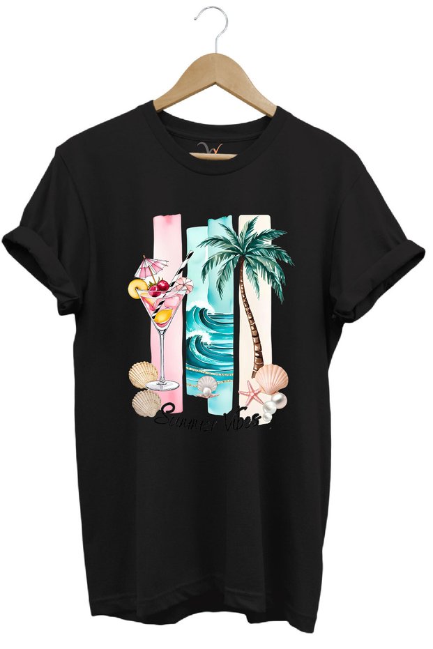 Summer Vibes Summer Themed Cocktail, Palm and Sea Pattern 100% Cotton Regular Fit T-Shirt