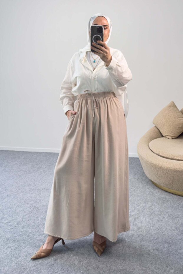 Casual Palazzo Modal Trousers with Elastic Waist 5221 - Beige