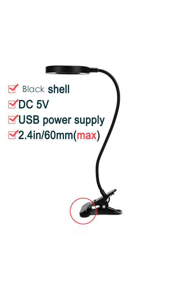 مصباح حلقي LED أسود اللون 0-5 واط USB-DC 5 فولت 1 أمبير قطعة واحدة، مصباح حلقي LED أسود اللون، درجة حرارة لون قابلة للتعديل على 3 مستويات، USB 360 درجة