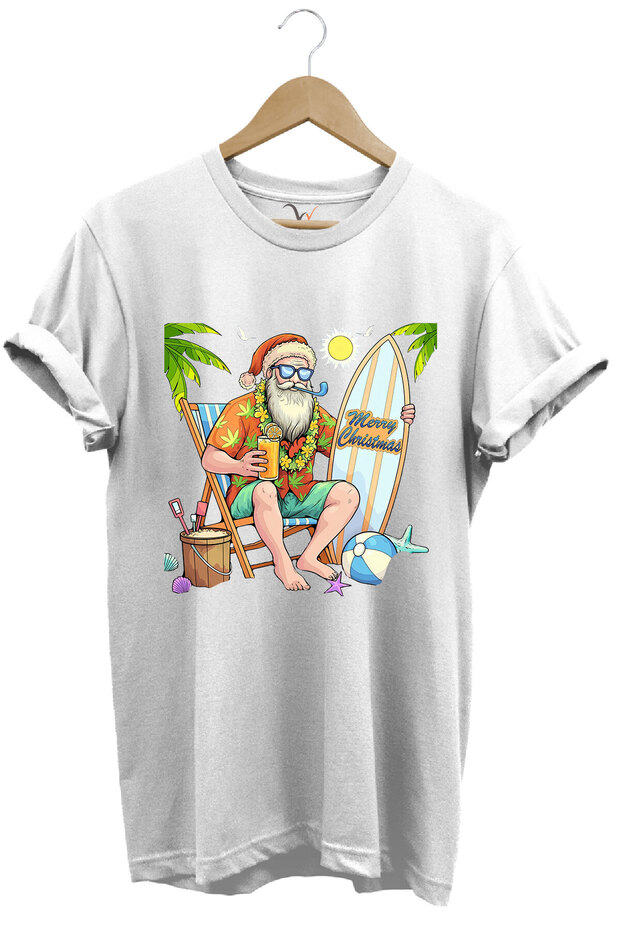 Merry Christmas Summer Themed Beach Santa Claus Printed 100% Cotton Unisex Regular Fit T-Shirt