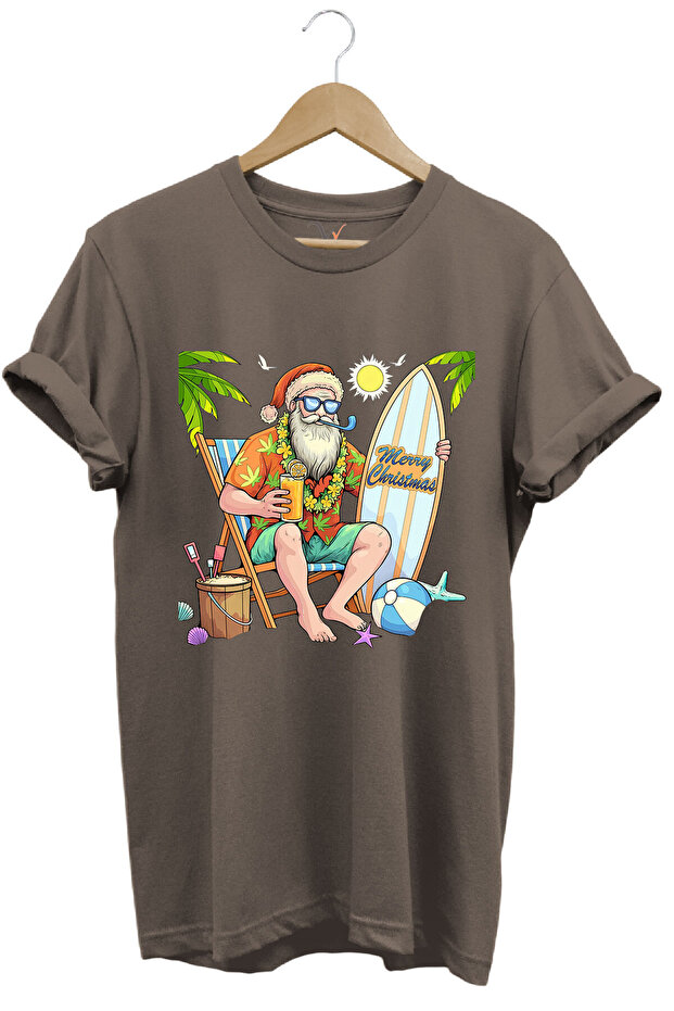 Merry Christmas Summer Themed Beach Santa Claus Printed 100% Cotton Unisex Regular Fit T-Shirt