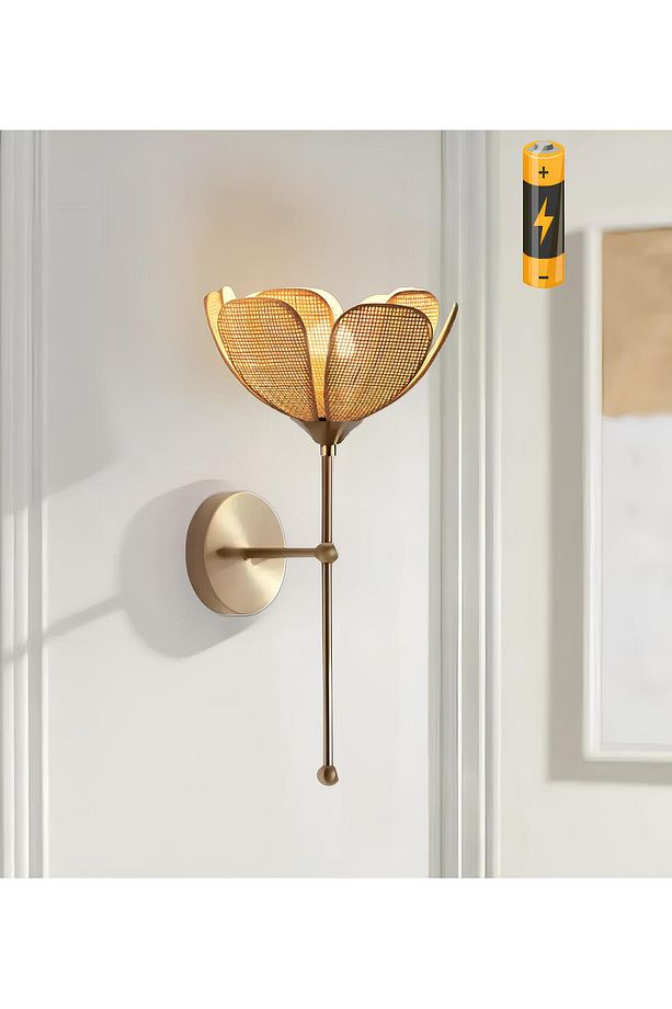 Modern Bohem Tasarım Rose Çiçek Aplik Kablosuz Pilli Aplik Hazeran Hasır Kumaş Eskitme Gold - 1