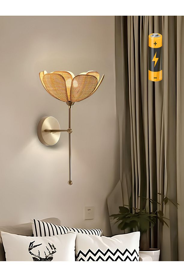 Modern Bohem Tasarım Rose Çiçek Aplik Kablosuz Pilli Aplik Hazeran Hasır Kumaş Eskitme Gold - 4