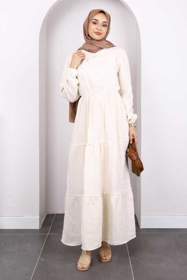 Beige Collar Tie Skirt Layered Muslin Dress