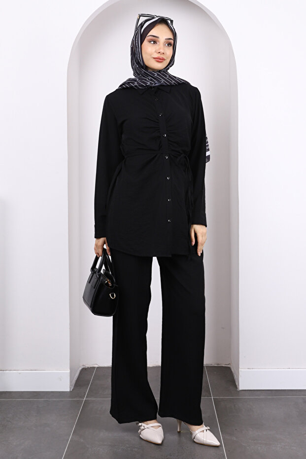 Black Front Draped Tunic Trouser Suit
