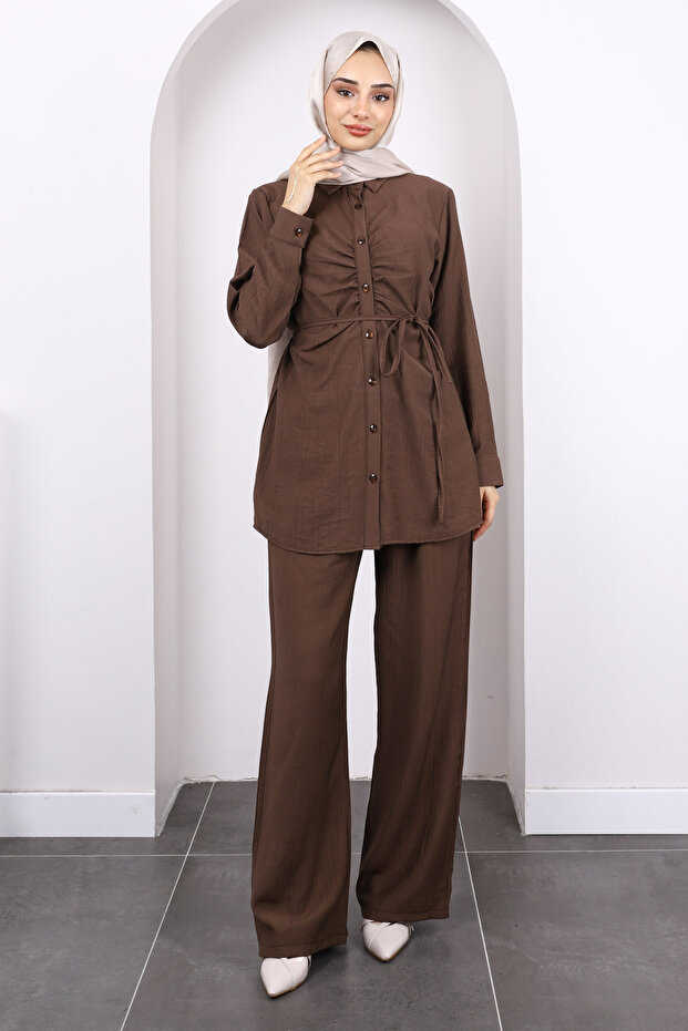 Brown Front Draped Tunic Pants Suit