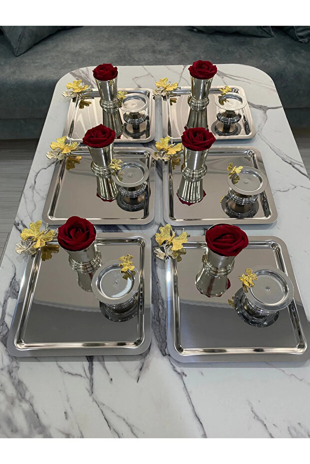 3 Different Models Silver 6-Piece Steel Square Presentation Tray, Silver Rose Bucket (with Roses), Butterfly Macaron Holder