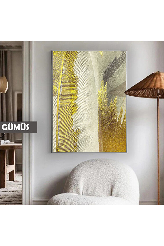 Amazing | Feather Pattern Gray Gold Abstract Elegant Model | Framed Tempered Glass Table Single Vertical