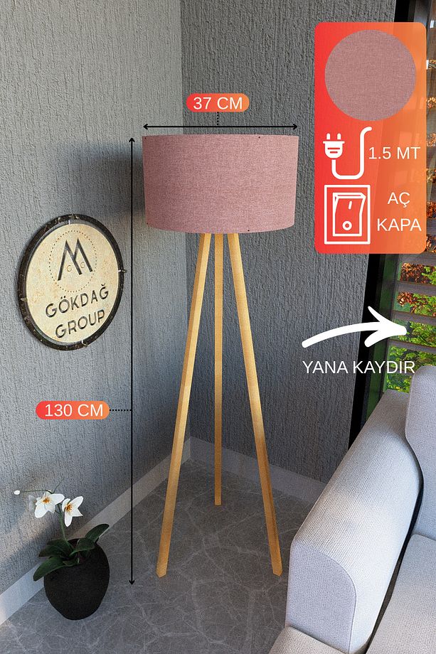 3 Ayaklı MEGA BOY Tripod Lambader Abajur Soluk Gül Kurusu Kumaş Başlık - 1