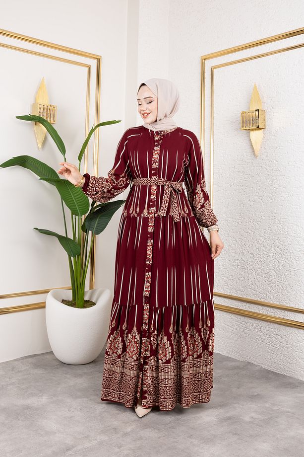 KADIN ETNİK DESEN VİSKONN TESETTÜR ELBİSE - 3