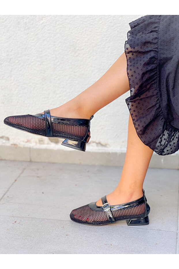 Soza Black Netted Tape 3 cm Heel Ballet Flat