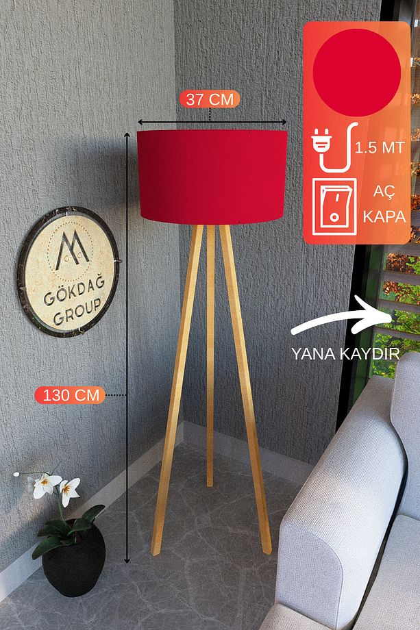 3 Ayaklı MEGA BOY Tripod Lambader Abajur Nar Çiçeği Kumaş Başlık - 1