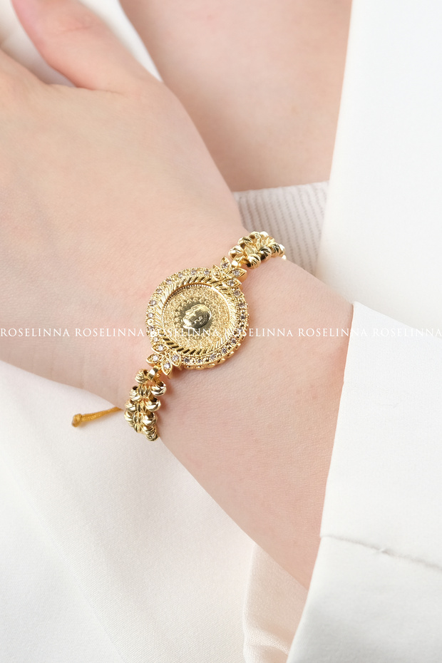 Gold Color Drawstring Adjustable Quarter Bracelet Model, Dorika Beaded Quarter Frame Bracelet