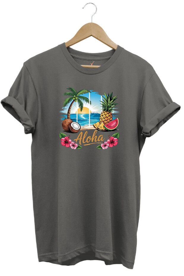 Summer Vibes Aloha Written Coconut Summer Beach Printed 100% Cotton Unisex Regular Fit T-Shirt