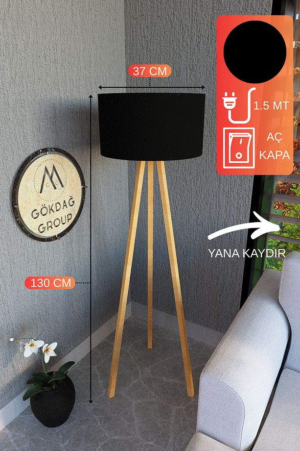 3 Ayaklı MEGA BOY Tripod Lambader Abajur Siyah Kumaş Başlık - 1