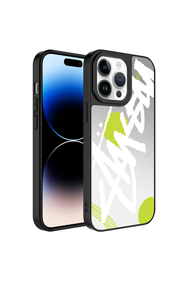 iPhone 14 Pro Max Compatible Mirrored Patterned Camera Protected Glossy Tknc Mirror Case-Text - 1