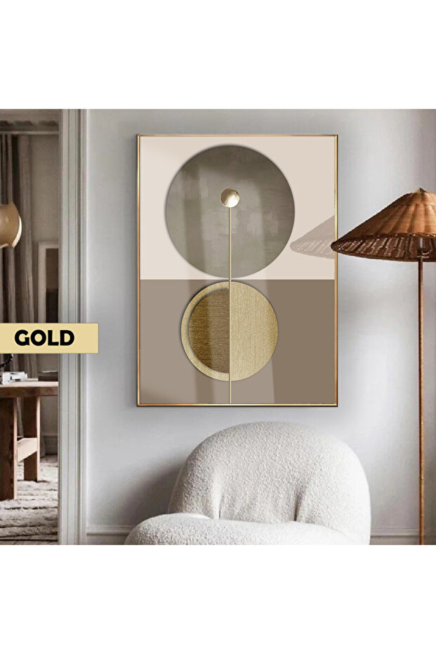 HARİKABİREV|GRİ-GOLD BOHEM ELEGANCE SOYUT MODEL |ÇERÇEVELİ TEMPERLİ CAM TABLO TEKLİ DİKEY - 1