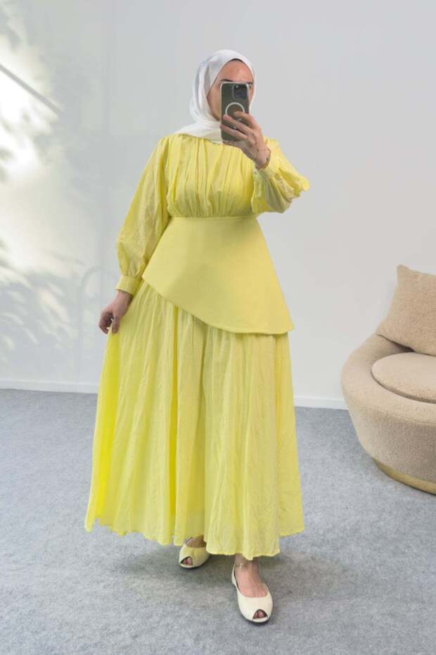 Waist Scarf Detailed Gathered Linen Voile Dress 5215 - Yellow