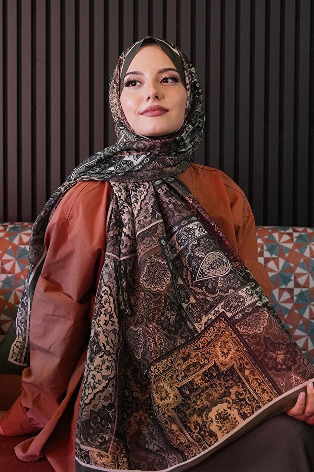 شال قطني ناعم بنمط عرقي كاكي