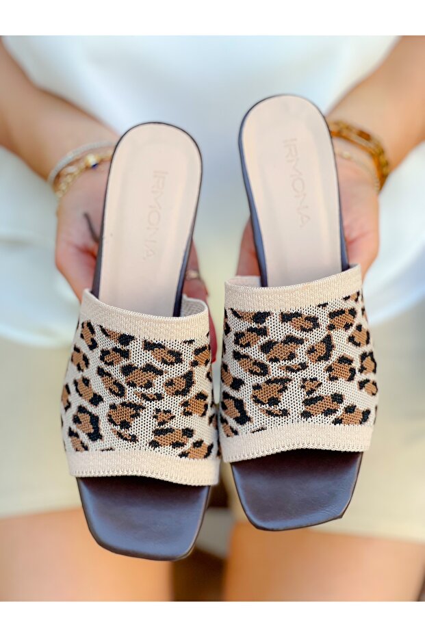 Angel Beige Leopard Heeled Knitwear Slippers