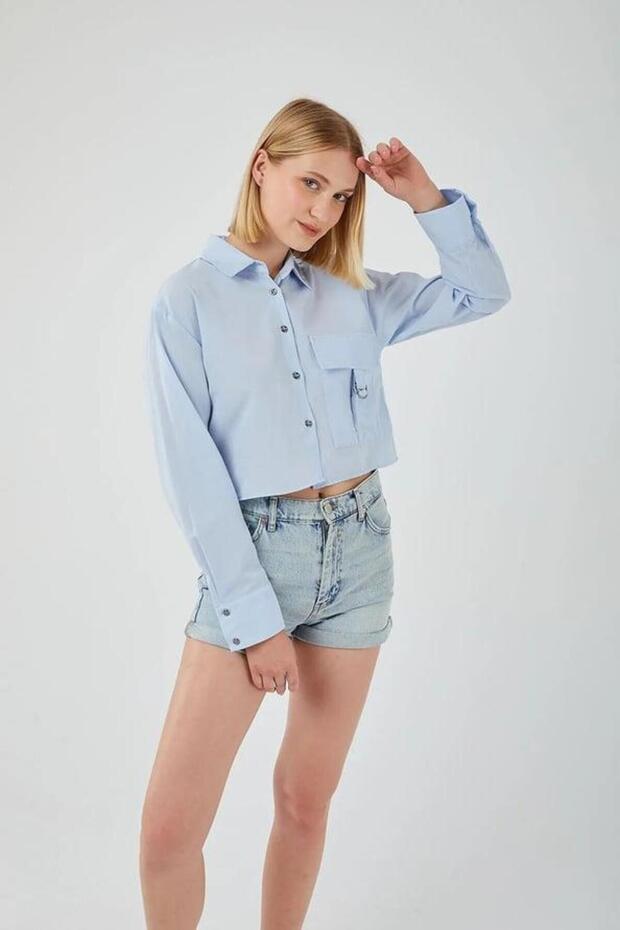 4444 Women's Epaulet Crop Shirt Baby Blue