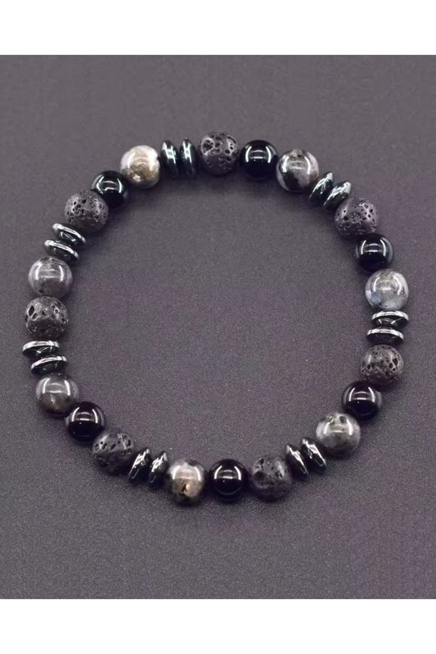 Onyx, Lava Stone and Labradorite Men's Natural Stone Bracelet - 8 Mm, Elastic