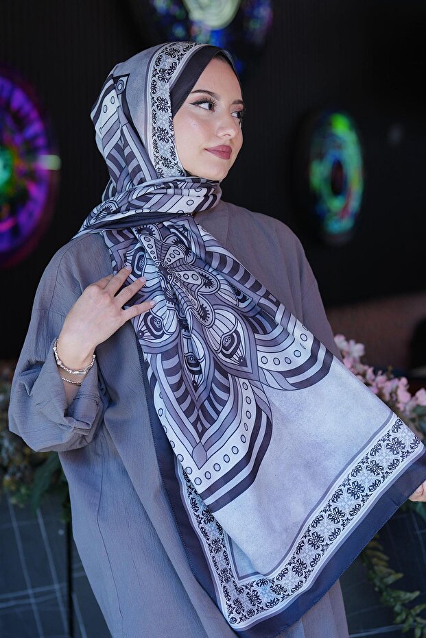 نمط هندسي شال قطني ناعم أسود - 1