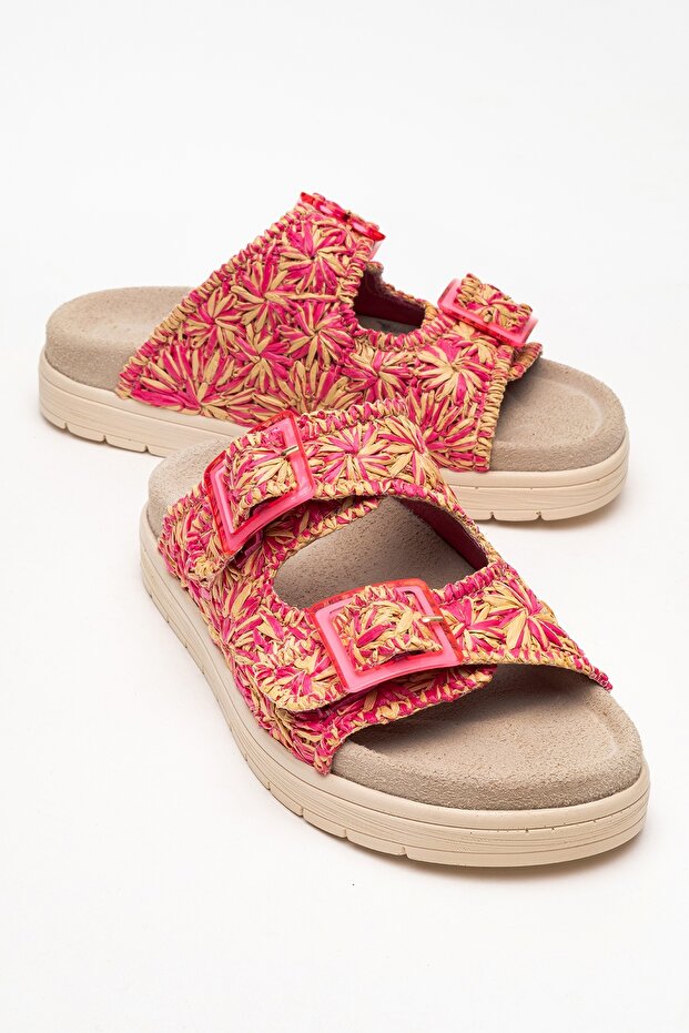 Milana Pink Patterned Genuine Leather Buckle Double Strap Women's Slippers