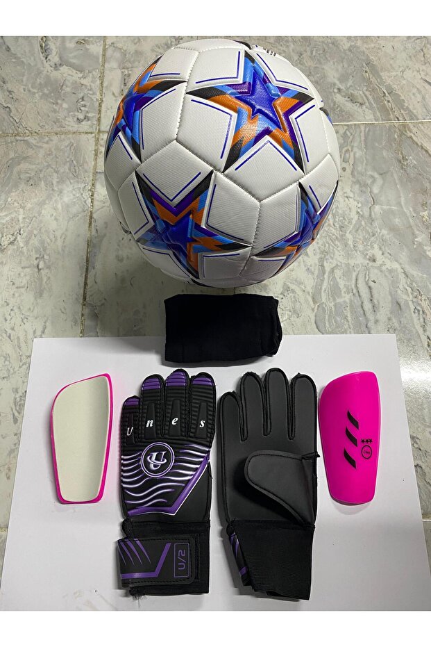5 No Star Pattern Football Goalkeeper Gloves and Shin Pads Set with Pump Gift