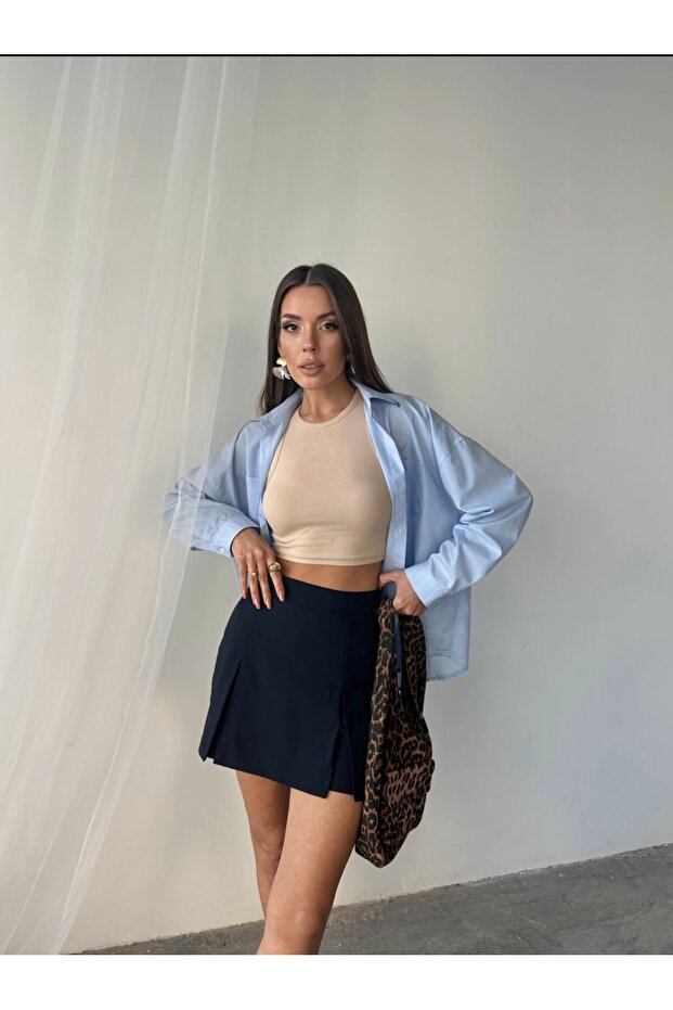 Çift Yırtmaçlı Dokuma Şort Etek - 1