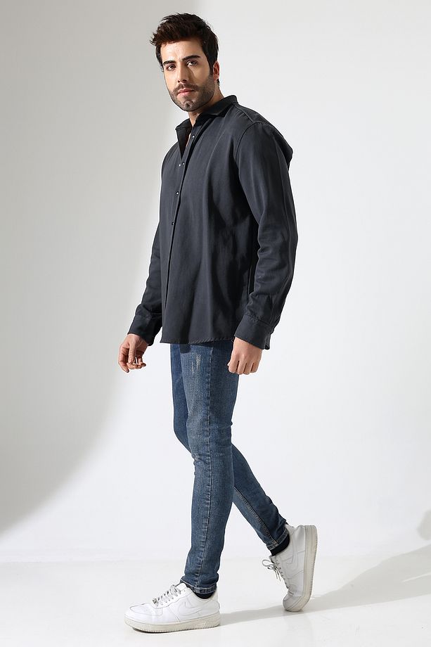 Erkek Gömlek Oversize Kalıp Gabardin Kumaş Çıt Çıt Bağlamalı Gömlek - 4