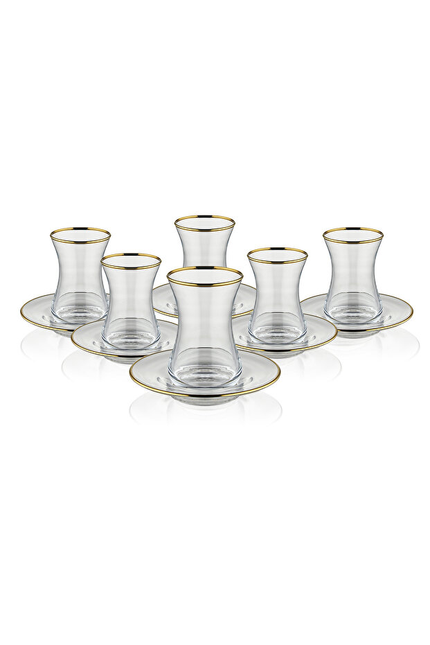 Estikana Golden Rim 6x Tea Cups (100ml) & 6x Saucers (11.8cm) Set – 12PC | Premium Pasabahce Glass