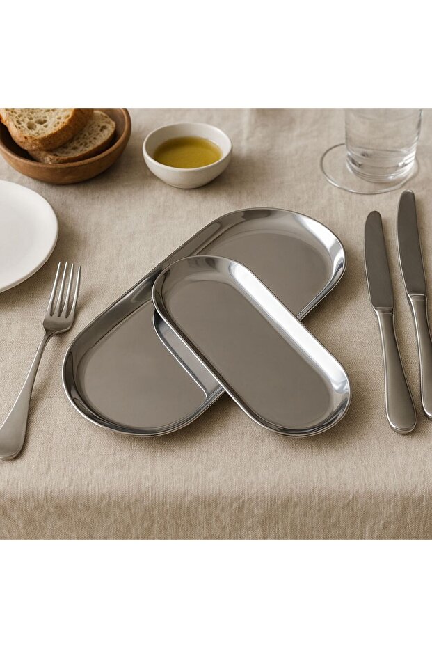 Silver Color Metal Presentation-Catering Plate Stainless Steel Set of 2
