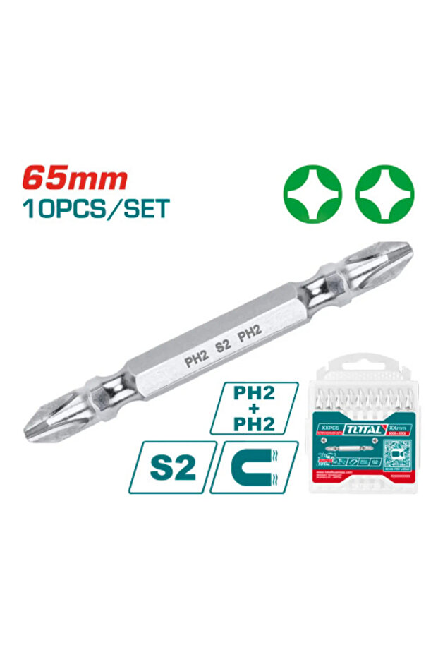 طقم لقمة راس مفك Ph2 65mm 10pcs/set كروم توتال Tac16ph233