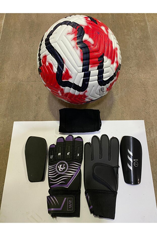 5 No Red Patterned Football Goalkeeper and Shin Pads Set of 3 with Pump Gift