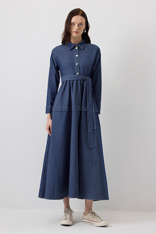 Contrast Stitched Shirt Collar Dress