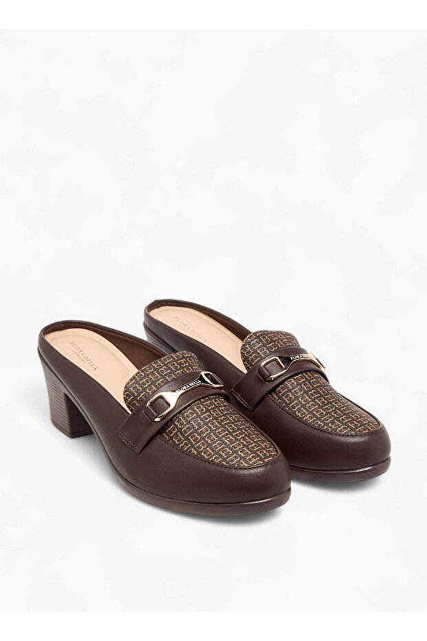 Textured Slip-On Mules with Metal Accent and Block Heels
