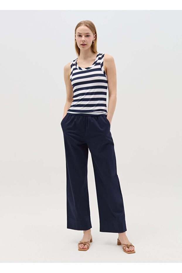 Navy Twill Trousers With Elastic Waist