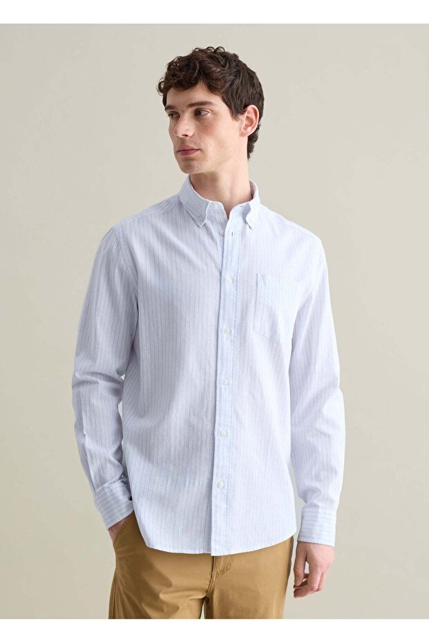 White And Light Blue Striped Shirt In Cotton And Linen Blend