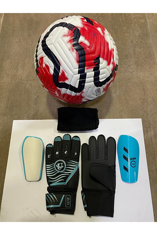 5 No Red Patterned Football Goalkeeper and Shin Pads Set of 3 with Pump Gift