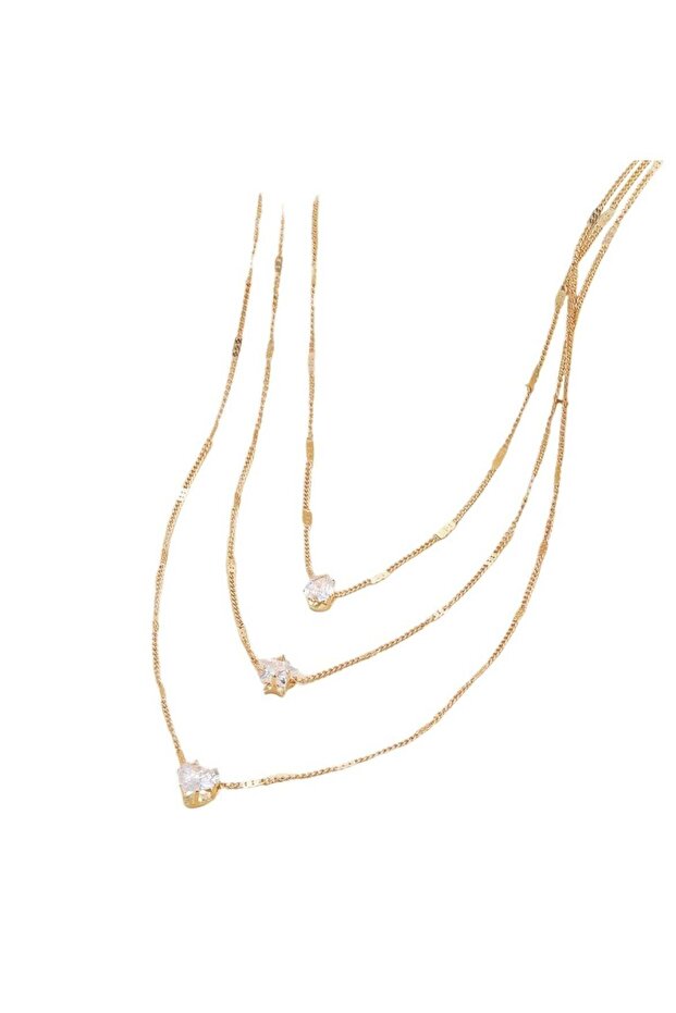 Gold Color Tone 3-Layer Necklace with Drop, Star, and Heart Charms for Women