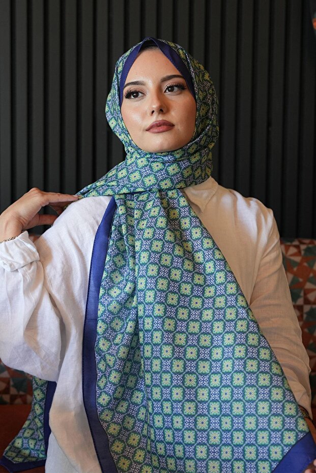 Mosaic Pattern Green Soft Cotton Shawl - 1