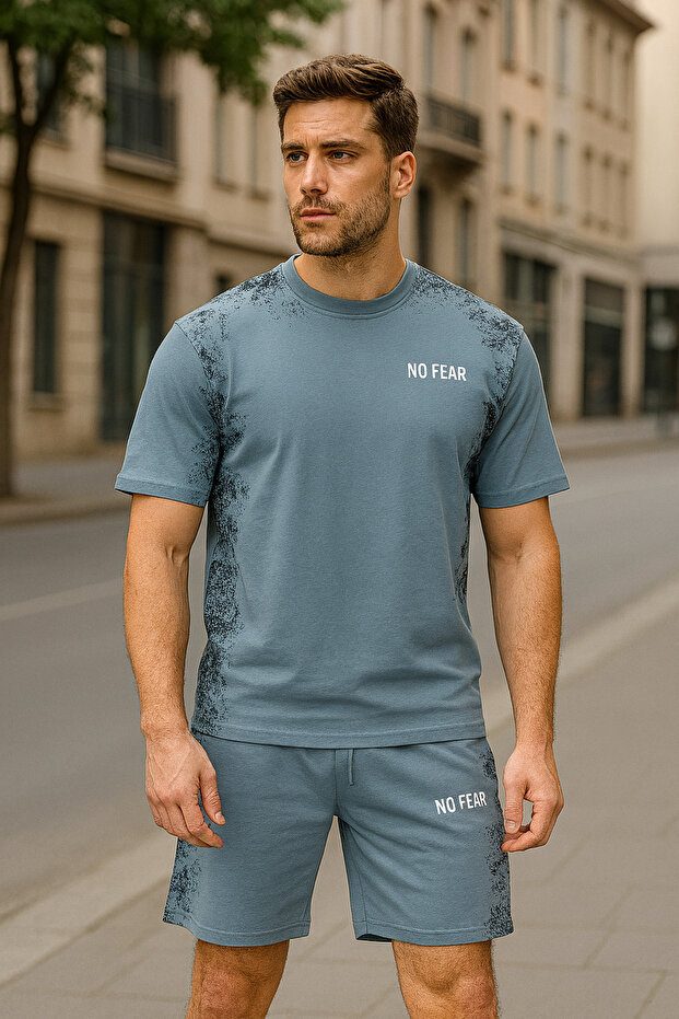 Blue Panel Printed Basic Men's Shorts Set - 1