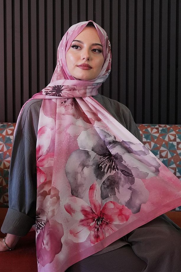 Manolya Çiçek Desen Gül Kurusu Soft Pamuk Şal - 2