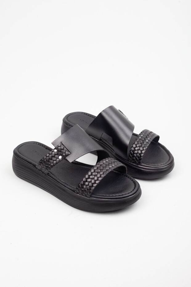 Genuine Leather Women's Black Slippers