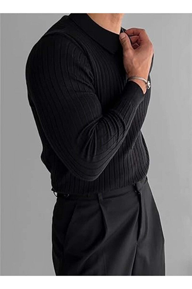 Men's Knitted Long Sleeve Polo Shirt Size L