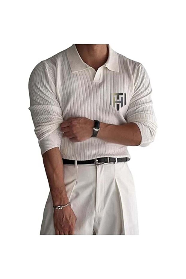 Men's Knitted Long Sleeve Polo Shirt Size L