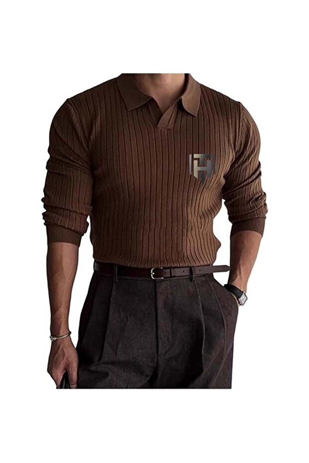 Men's Knitted Long Sleeve Polo Shirt Size L